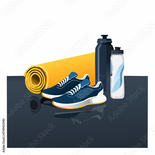 fitness gear with yoga mat, bottle, and sneakers