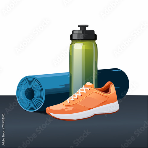 fitness gear with yoga mat, bottle, and sneakers