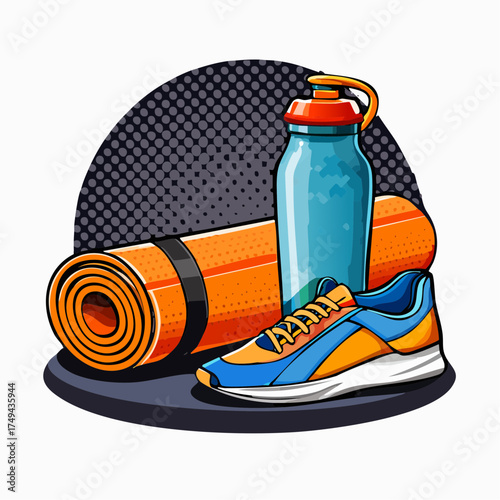 fitness gear with yoga mat, bottle, and sneakers
