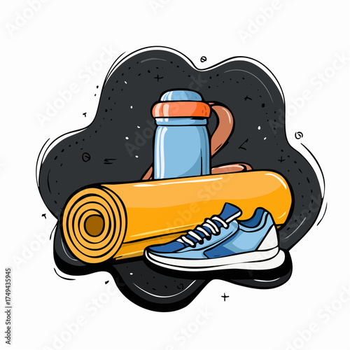 fitness gear with yoga mat, bottle, and sneakers