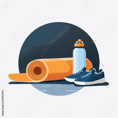 fitness gear with yoga mat, bottle, and sneakers