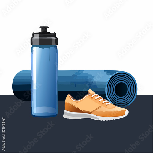 fitness gear with yoga mat, bottle, and sneakers