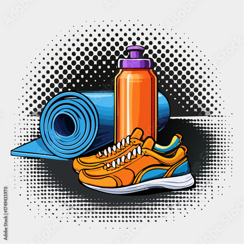 fitness gear with yoga mat, bottle, and sneakers