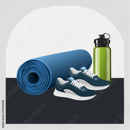 fitness gear with yoga mat, bottle, and sneakers