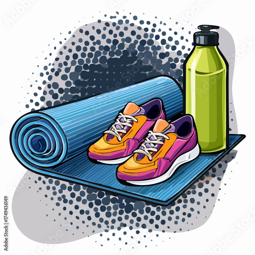 fitness gear with yoga mat, bottle, and sneakers
