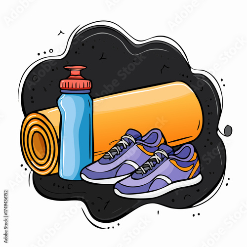 fitness gear with yoga mat, bottle, and sneakers