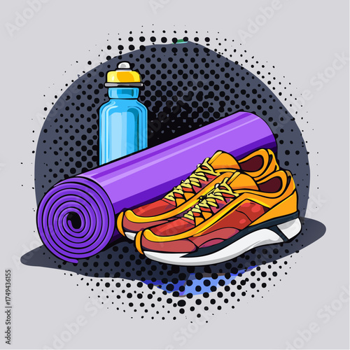 fitness gear with yoga mat, bottle, and sneakers