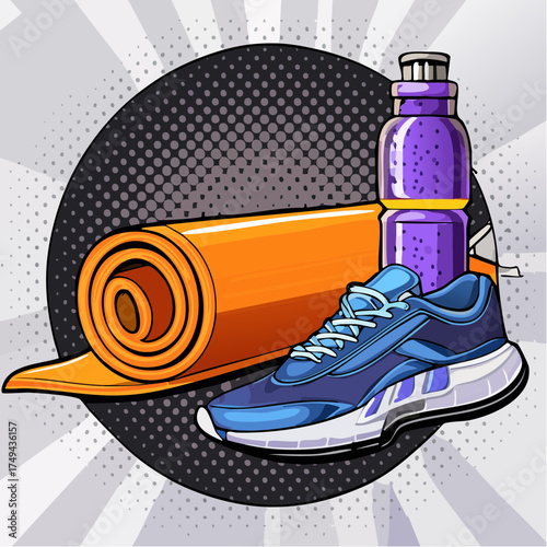 fitness gear with yoga mat, bottle, and sneakers