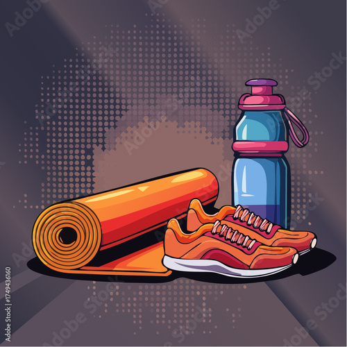 fitness gear with yoga mat, bottle, and sneakers