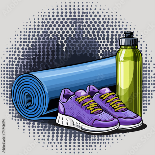 fitness gear with yoga mat, bottle, and sneakers