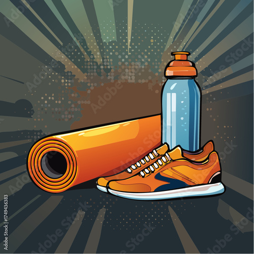 fitness gear with yoga mat, bottle, and sneakers