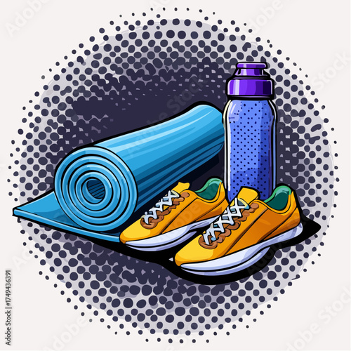 fitness gear with yoga mat, bottle, and sneakers