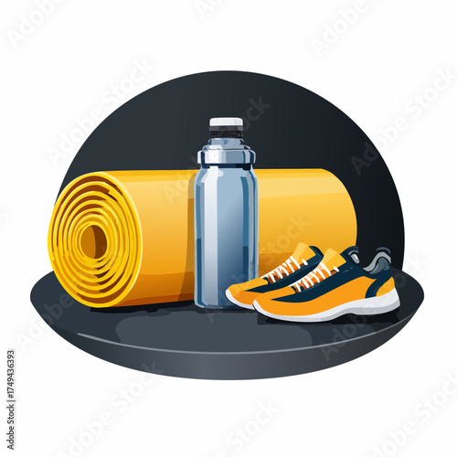 fitness gear with yoga mat, bottle, and sneakers