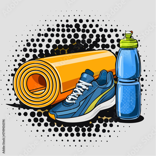 fitness gear with yoga mat, bottle, and sneakers