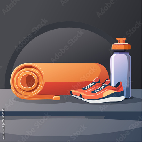 fitness gear with yoga mat, bottle, and sneakers