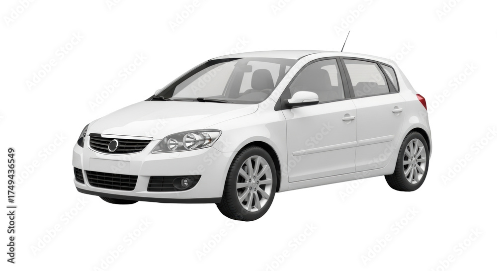 Obraz premium Isolated modern white hatchback car for urban transportation in studio presentation shot