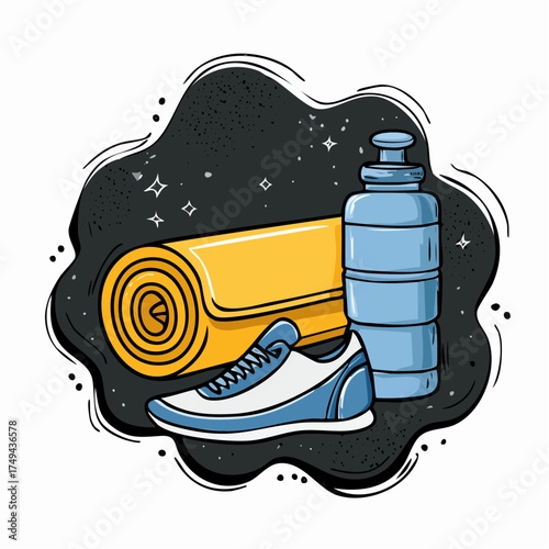 fitness gear with yoga mat, bottle, and sneakers