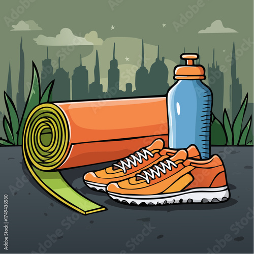 fitness gear with yoga mat, bottle, and sneakers