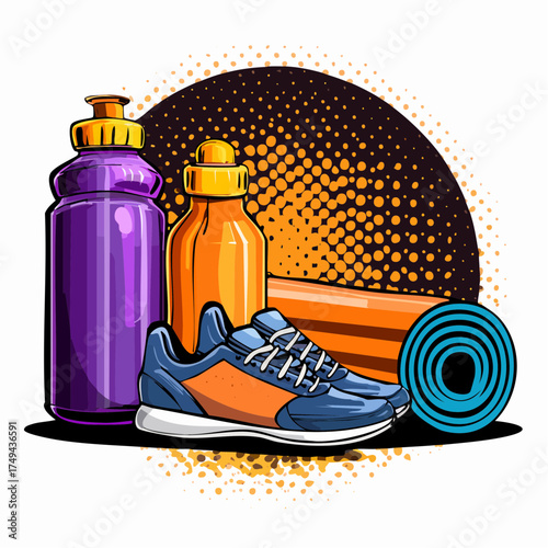 fitness gear with yoga mat, bottle, and sneakers
