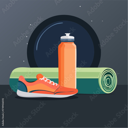 fitness gear with yoga mat, bottle, and sneakers