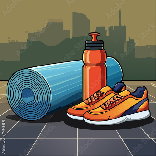 fitness gear with yoga mat, bottle, and sneakers
