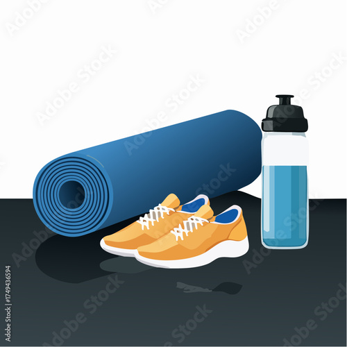 fitness gear with yoga mat, bottle, and sneakers