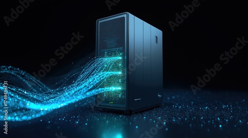 Streams of glowing digital information flow into a powerful server rack, representing big data processing, cloud computing, and network infrastructure