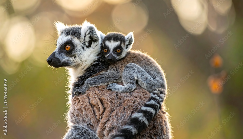 Obraz premium A ring-tailed lemur carries its baby on its back, a tender moment captured in warm, golden light against a blurred backdrop