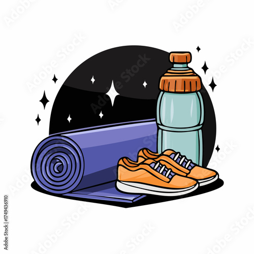 fitness gear with yoga mat, bottle, and sneakers