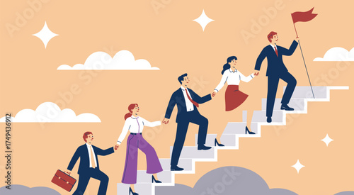 Multinational Business Group Achieving Mountain Summit with Flag,  Leadership, Success, and Unity Concept  Team Collaboration Reaching Goals and Overcoming Challenges