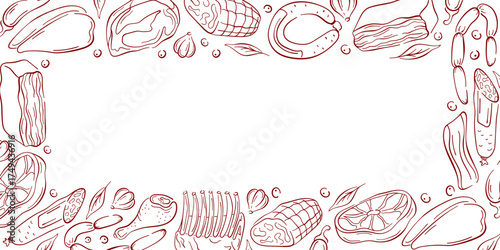 Border frame in line art style with different meats on a white background. Steak, sausage, ribs and vegetable. Perfect for culinary book design, packaging or restaurant menu.