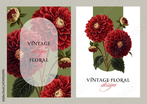Vintage vector illustration with red dahlia flowers on a changeable background. Floral design template for wedding invitation, greeting card, notebook cover, flyer or certificate.