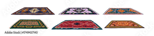Vintage style carpets set. Traditional woven floor rugs, geometric pattern, abstract ornament. Retro interior decor lying, perspective angle view. Flat vector illustration isolated on white background