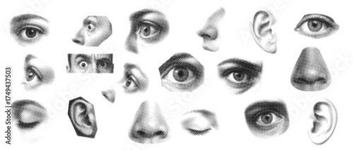 Black and white halftone facial features icon set with expressive eyes, ears, and noses in retro vintage style
