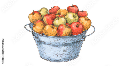 A vintage metal bucket filled with red apples, some apples are outside the bucket, green leaves are visible