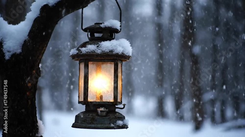 Snow covered lantern illuminating a snowy winter scene outdoors
