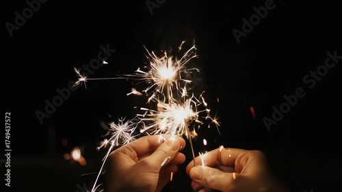 Hands holding sparklers aglow in a dark background, creating bursts of light