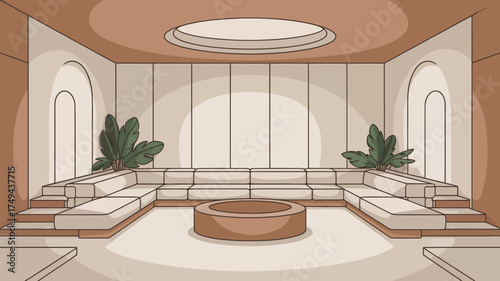 A cartoon illustration of a living room with a large sectional sofa and a round coffee table center
