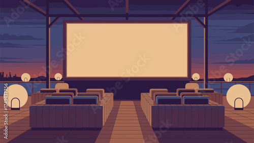 Outdoor cinema with cushioned seating and spherical lamps against a sunset sky background illustration
