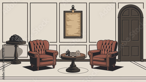 A drawing of a room with two chairs a chess board and a door in a cartoon like style design