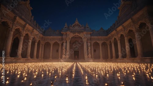 Night scene with a building, columns, and a field of lights