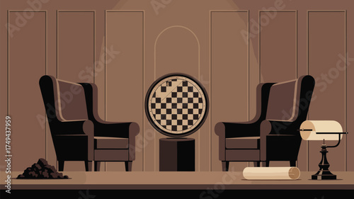 A stylized room with two chairs, a chessboard clock, and a lamp on a table in a symmetrical arrangement