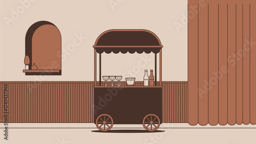 A minimalist illustration of a mobile bar cart with bottles and glasses in a room with decor elements