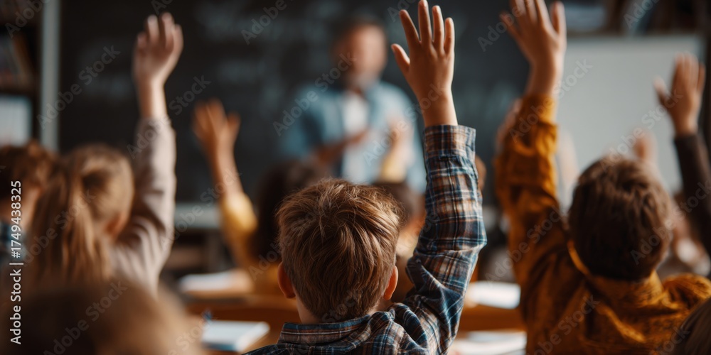 Obraz premium Engaged Students Raise Hands in Classroom with Teacher in Background during Lesson on Education and Learning in Modern School Environment