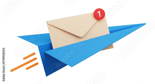 Isolated digital communication message with notification on a paper airplane illustration