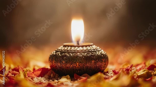 Ornate candle in a golden bowl, surrounded by petals, lit with a warm glow
