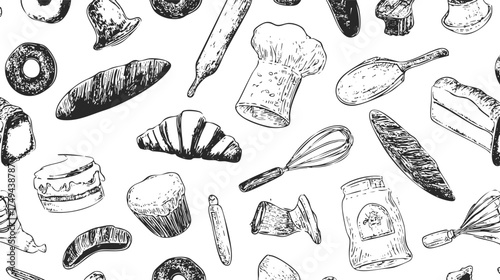 A pattern of various baked goods and kitchen utensils, including croissants, donuts, cakes, and baking tools like whisks and measuring cups