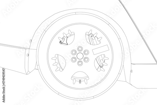 Black and white wheel of car contour drawing on a white background.