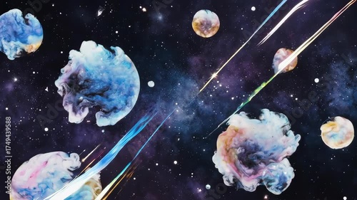 Abstract cosmic artwork with swirling orbs, streaking lines, and starry expanse