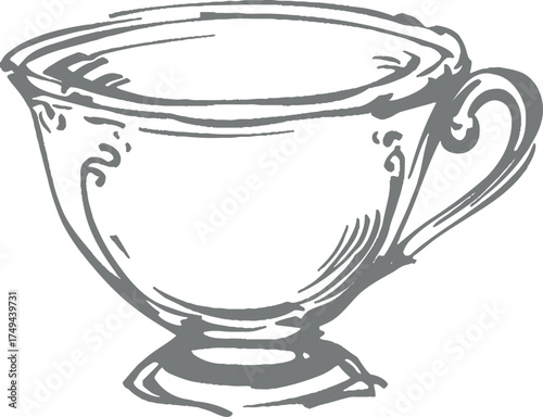 Vintage teacup illustration with ornate details hand drawn monochrome sketch antique ceramic drinkware classic tea ceremony engraving retro aesthetic home decor nostalgic art